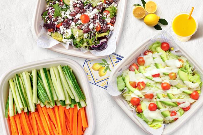 Bonata salads and crudités: Greek salad, carrot and cucumber sticks