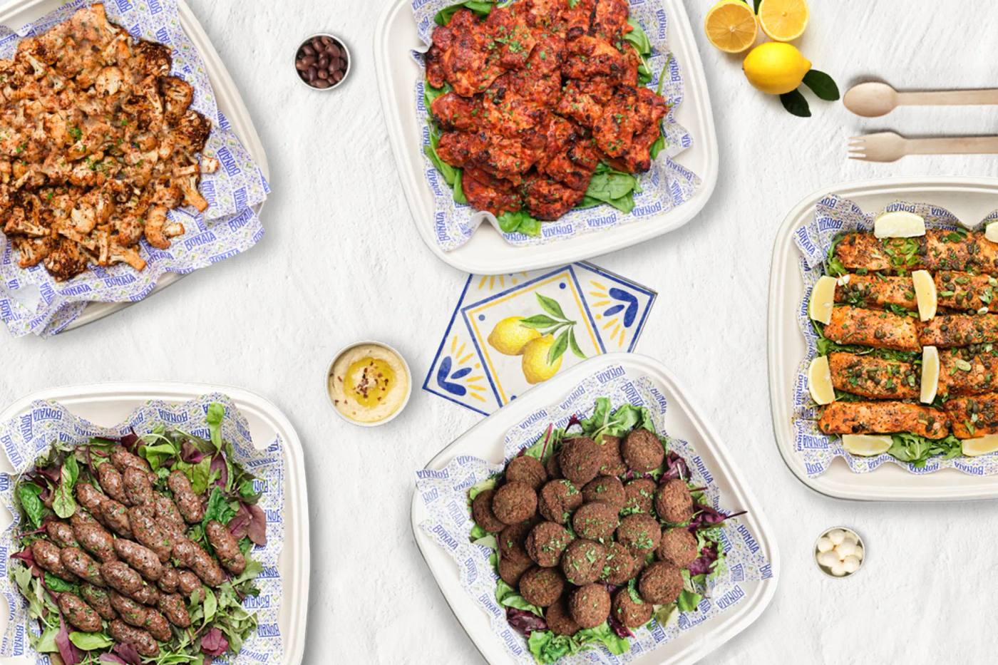 Bonata party sets: platters of chicken, falafel, kafta and salads