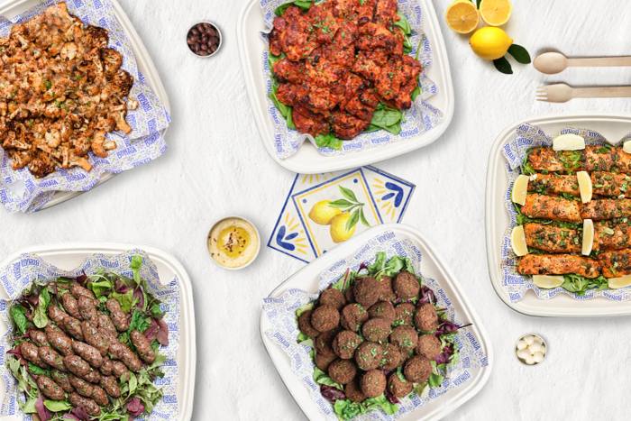 Bonata party sets: platters of chicken, falafel, kafta and salads